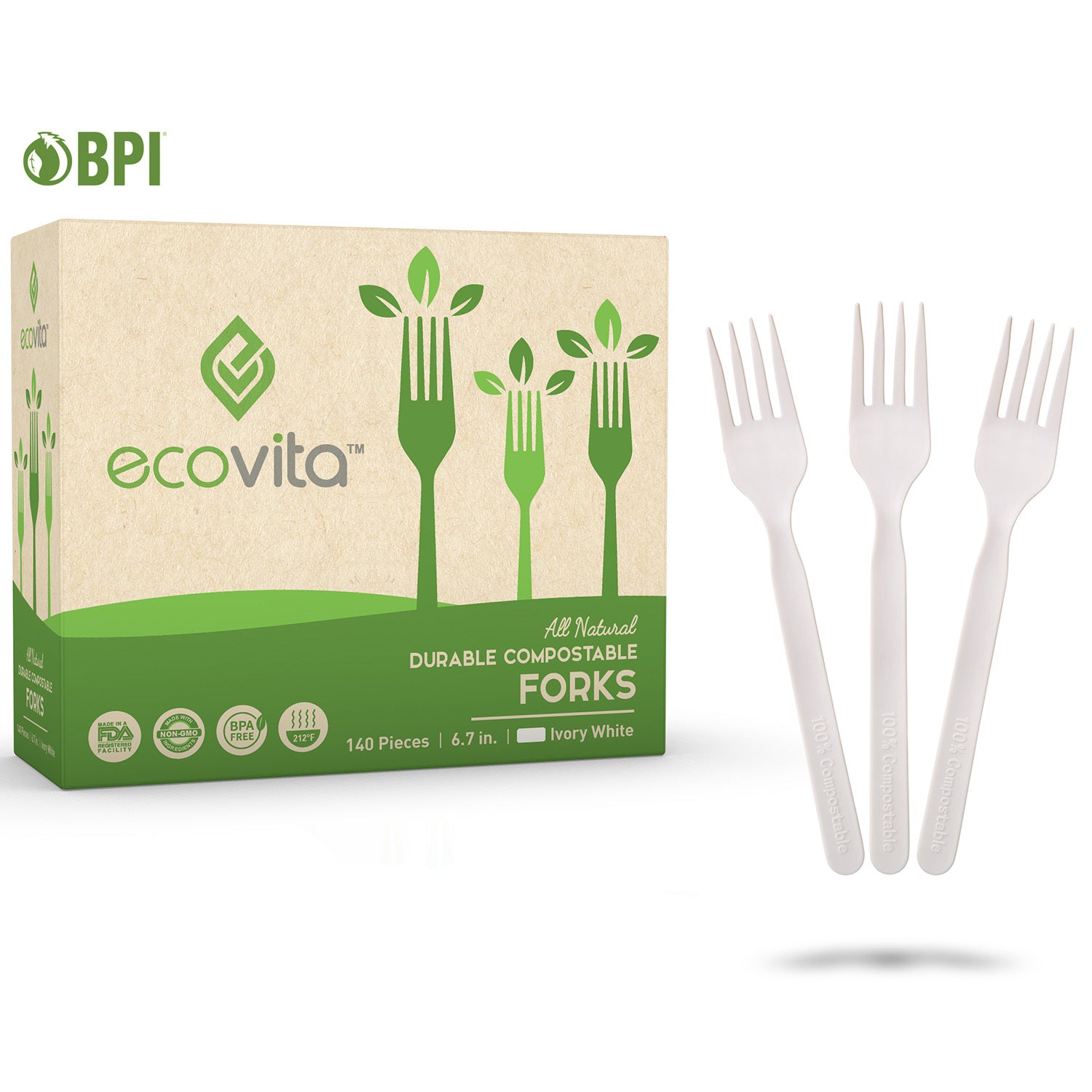 Eco-Products Dispensable Plastic Forks, Compostable, White, Pack